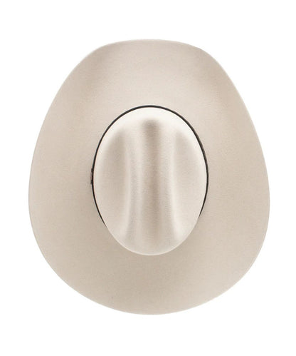 silver cowboy hat with Brown decorative band and white background