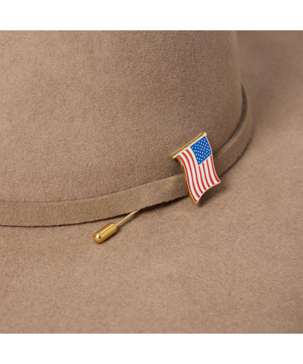 Close-up view of the American Flag hat pin