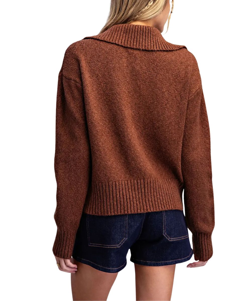 A woman shown from the back wearing a brown knit sweater with a wide ribbed collar and dark denim shorts against a plain white background.