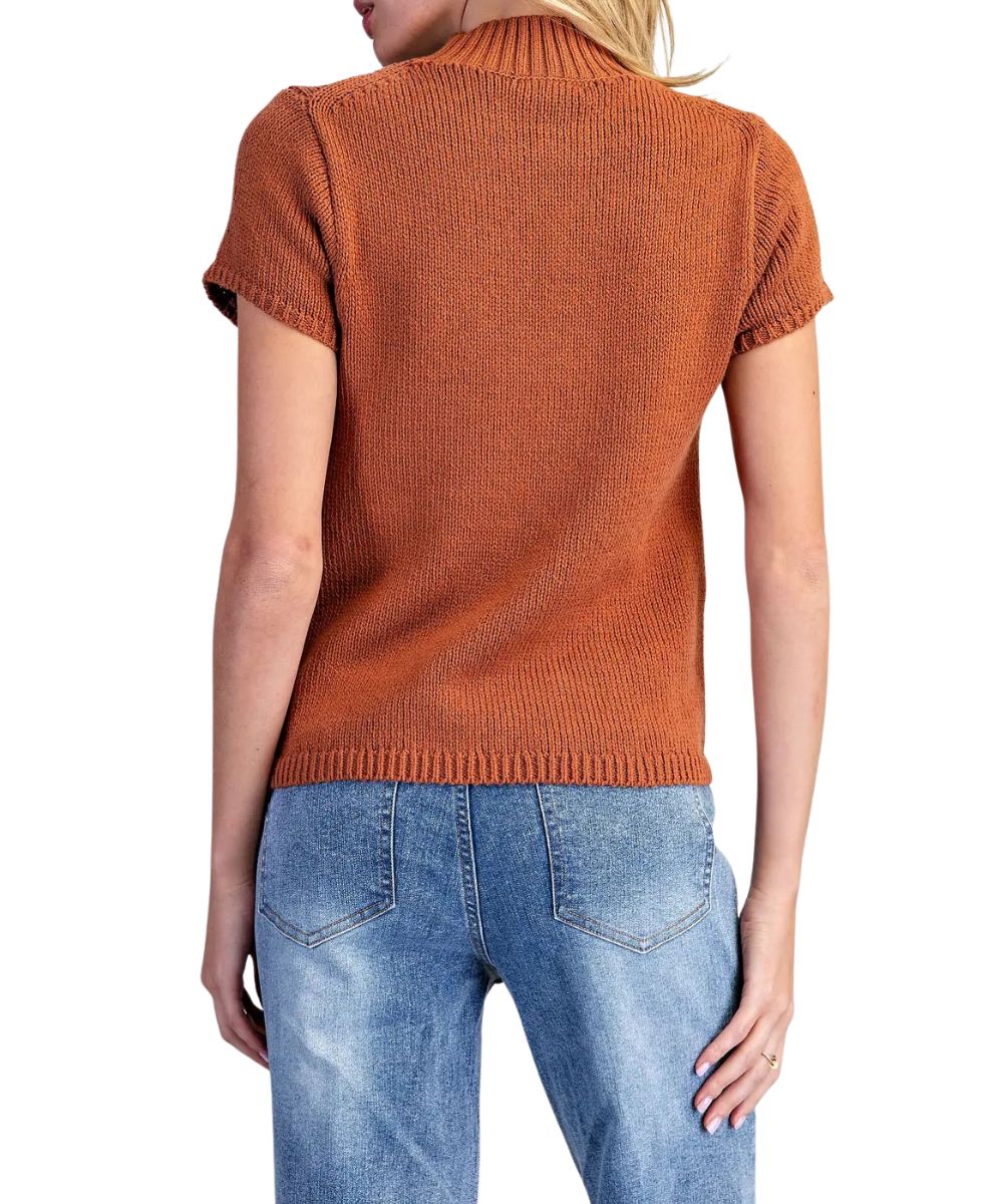 Back view of the women's short cap sleeve sweater in rust featuring the ribbed trim