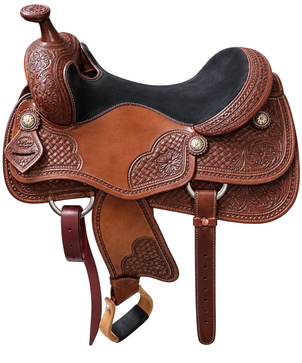HR Saddlery 16" leather reiner saddle featuring the black seat, basketweave floral tooling, and wooden stirrups