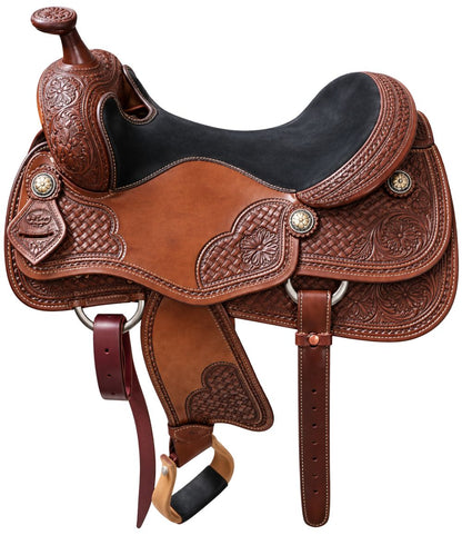 HR Saddlery 16" leather reiner saddle featuring the black seat, basketweave floral tooling, and wooden stirrups