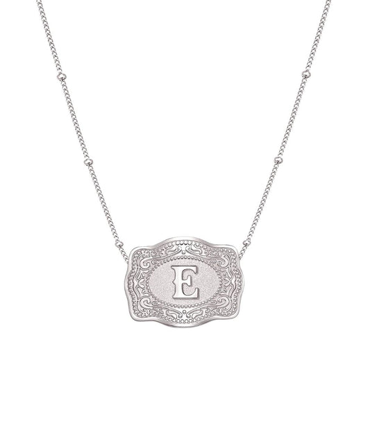 mini silver belt buckle e initial necklace on white background