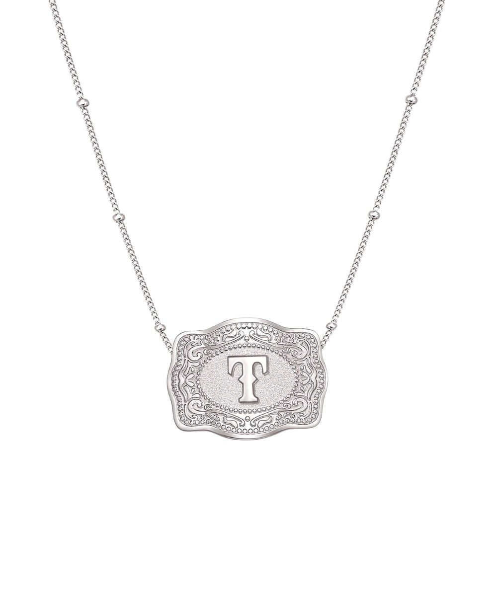 mini silver belt buckle t initial necklace on white background