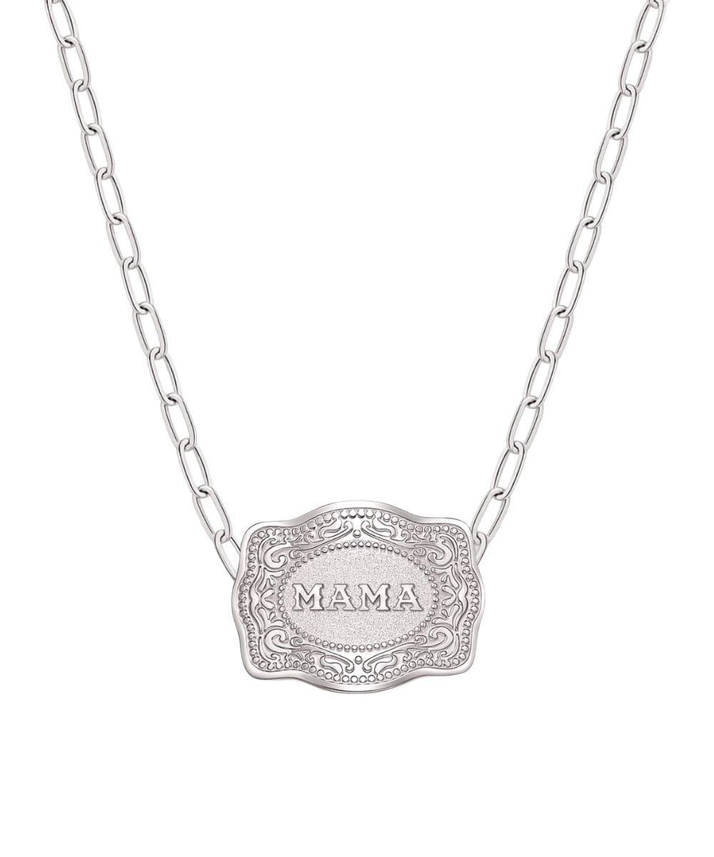 Women's Silver Necklace With A Paperclip Chain And Mini Belt Buckle Pendant That Reads: "Mama"