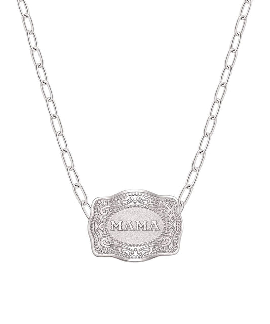 Women's Silver Necklace With A Paperclip Chain And Mini Belt Buckle Pendant That Reads: "Mama"
