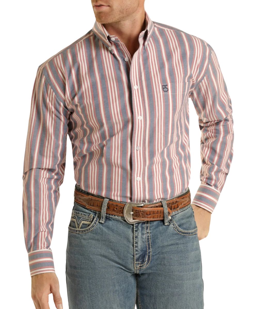 Front view of the men's red striped long sleeve western button down shirt featuring a classic fit