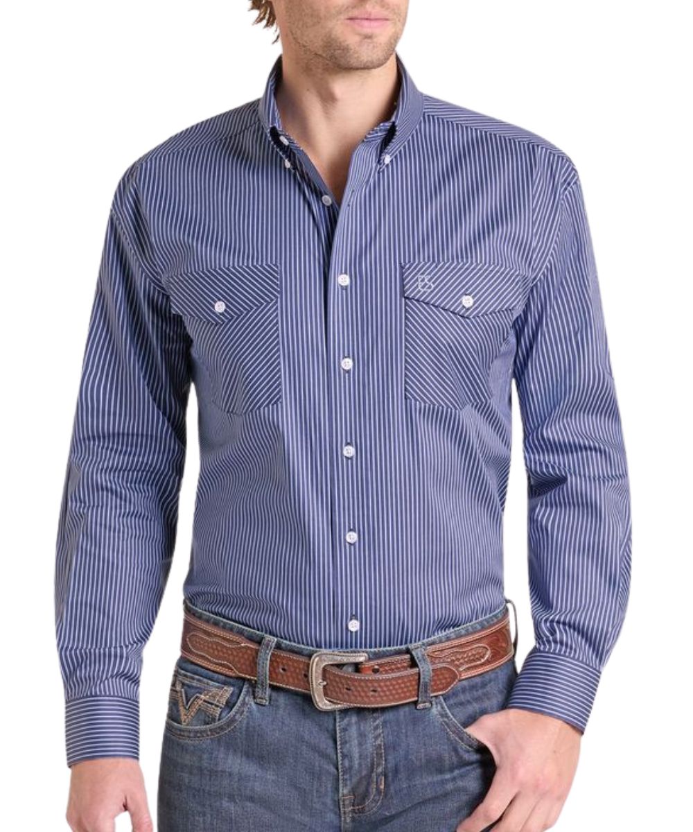 Front view of the men's navy Panhandle Slim long sleeve button down shirt featuring the button-through flap chest pockets, button-down collar, and vertical striped print