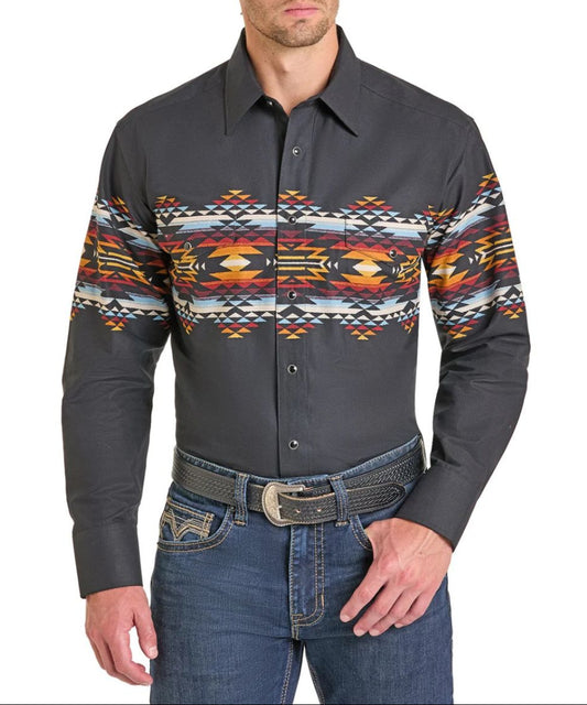 Front view of the men's Panhandle Slim long-sleeve black western shirt with a colorful geometric Southwestern pattern across the chest and upper sleeves