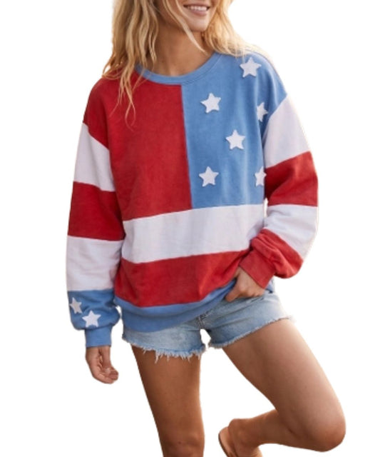 Women's Long Sleeve Sweatshirt Featuring A Red, White, And Blue American Flag Design
