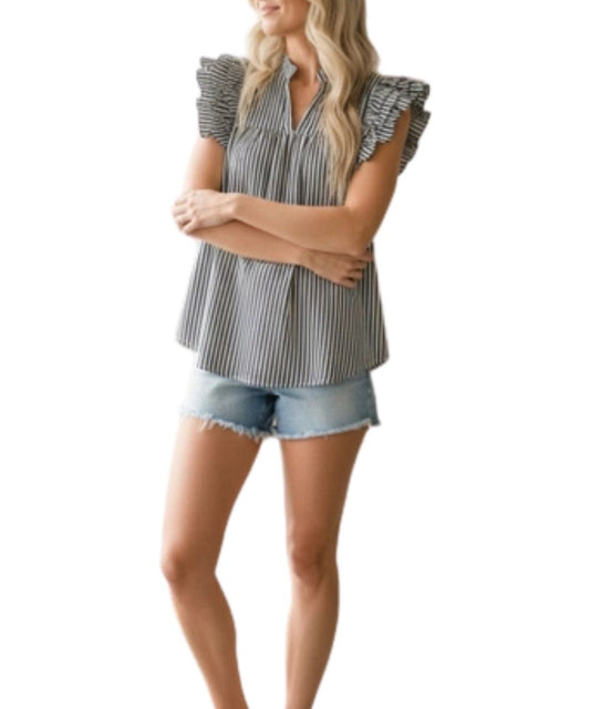 Women's Short Ruffle Sleeve Flowy Blouse Featuring A V-Neckline In Black And White Striped Print