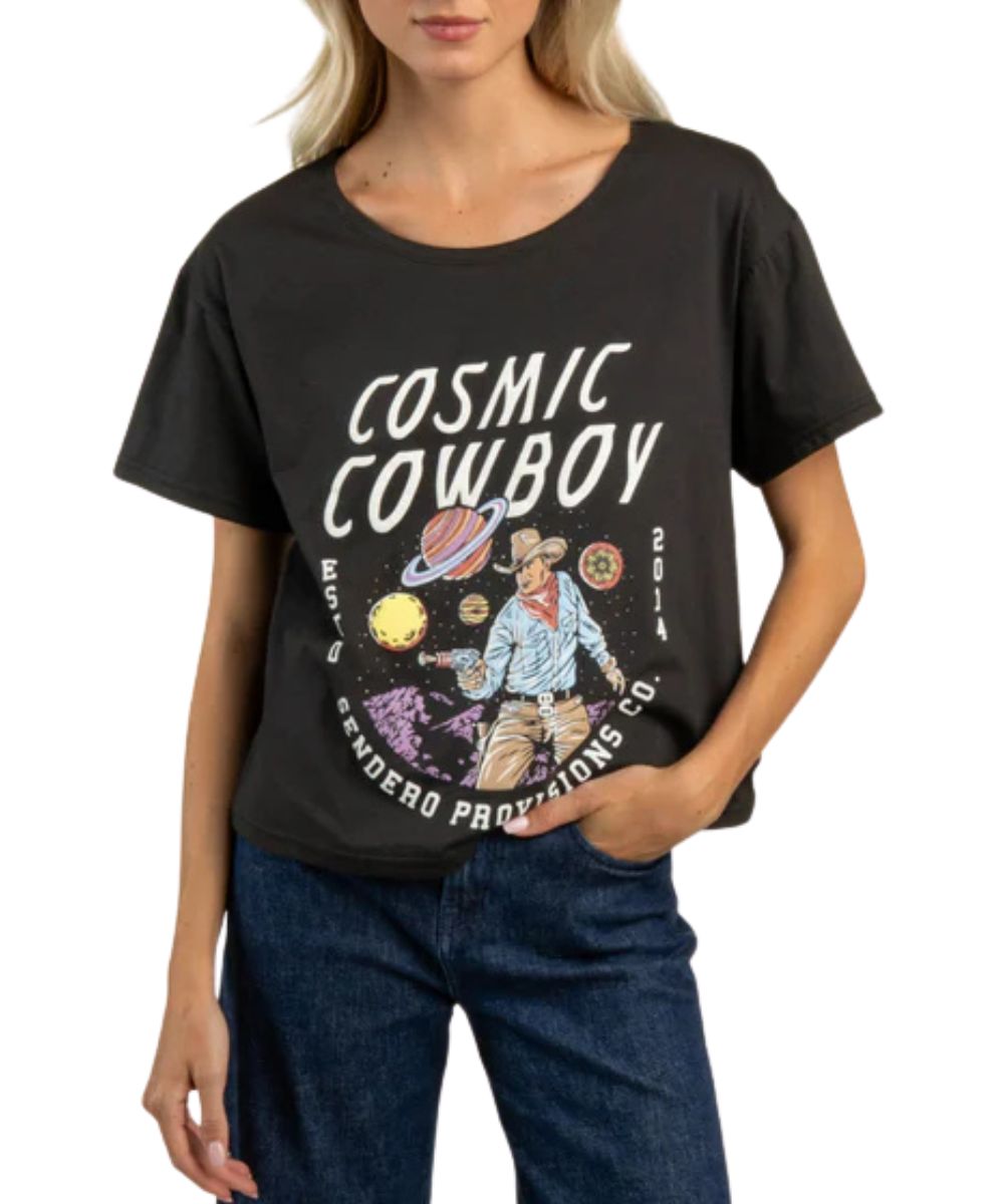 Front view of the women's charcoal oversized tee featuring a screen print that reads: "Cosmic Cowboy" with cowboy graphic