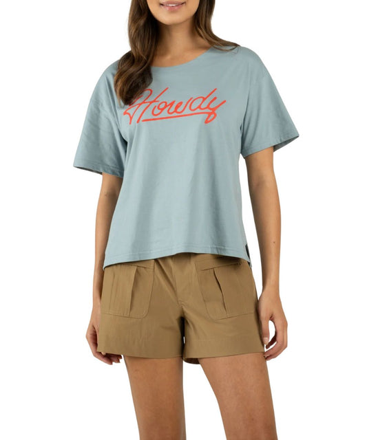 Front view of the women's citadel oversized tee featuring a front screen print in red cursive that reads: "Howdy"