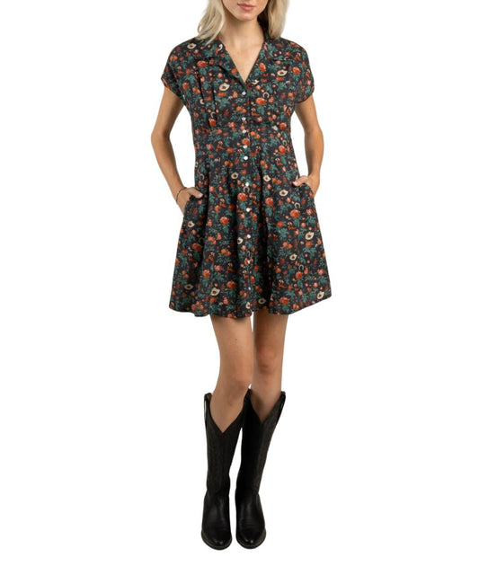 Front view of the women's desert rose charcoal mini dress 