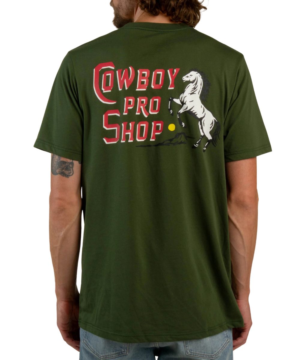 Back view of the men's army green tee reads: "Cowboy Pro Shop"