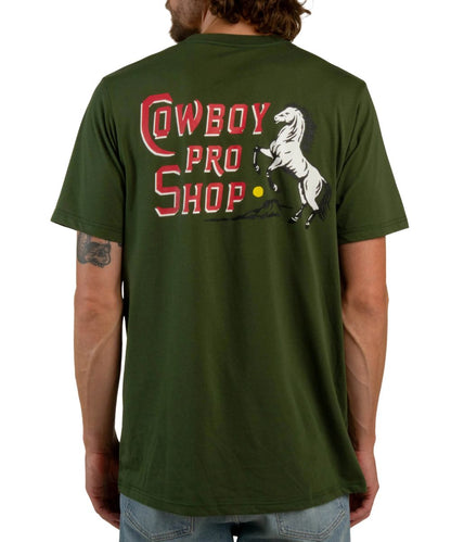 Back view of the men's army green tee reads: "Cowboy Pro Shop"