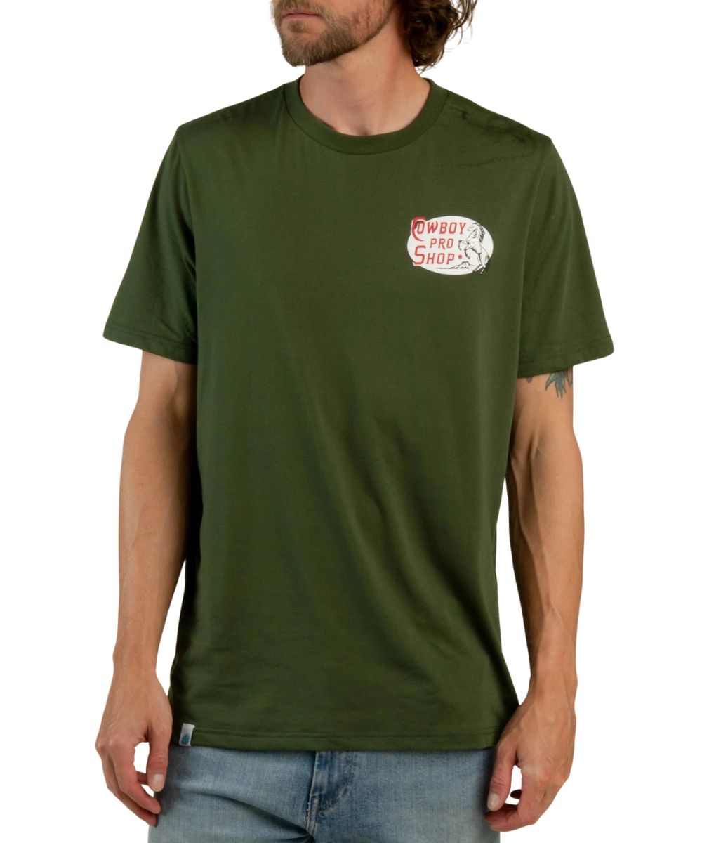 Front view of the men's army green graphic tee featuring a screen print on the chest
