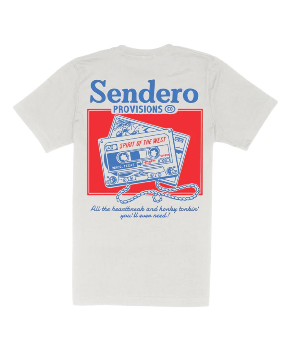 Back view of the unisex adult white tee featuring the logo screen printed cassette graphic