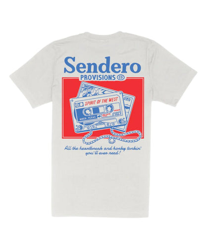 Back view of the unisex adult white tee featuring the logo screen printed cassette graphic