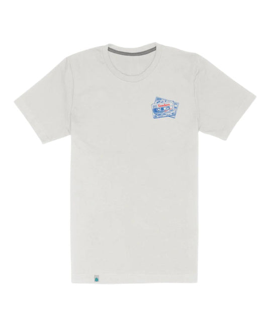 Front view of the unisex adult white tee featuring a small logo screen print of the chest