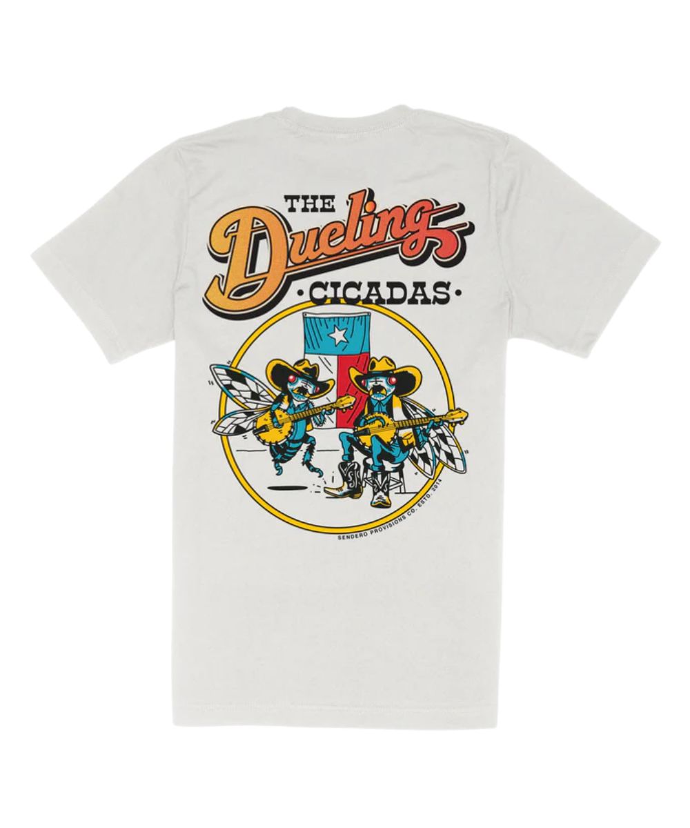 Back view of the unisex adult white tee featuring a dueling cicadas graphic