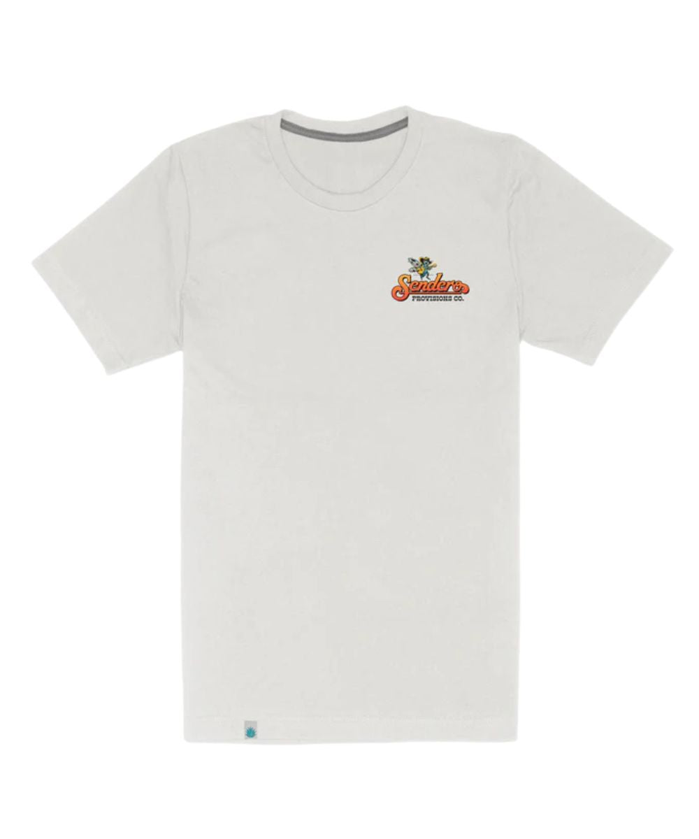 Front view of the white unisex adult tee featuring a logo screen print on the front