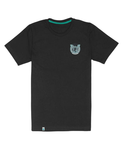 Front view of the unisex adult black tee featuring a small logo graphic 