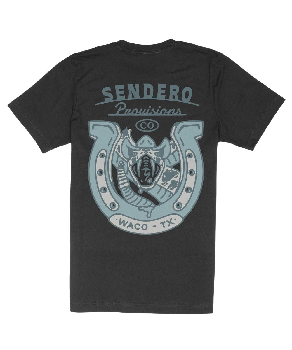 Back view of the unisex adult tee featuring a screen printed snake luck graphic