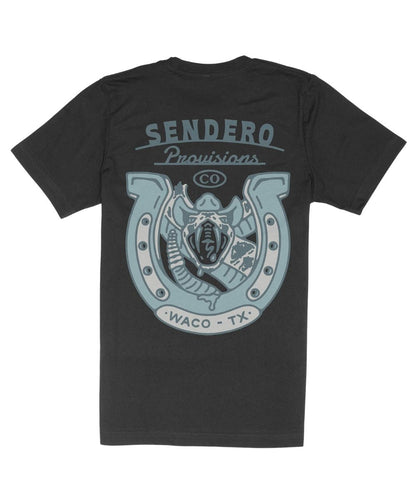 Back view of the unisex adult tee featuring a screen printed snake luck graphic
