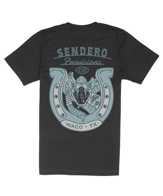 Back view of the unisex adult tee featuring a screen printed snake luck graphic
