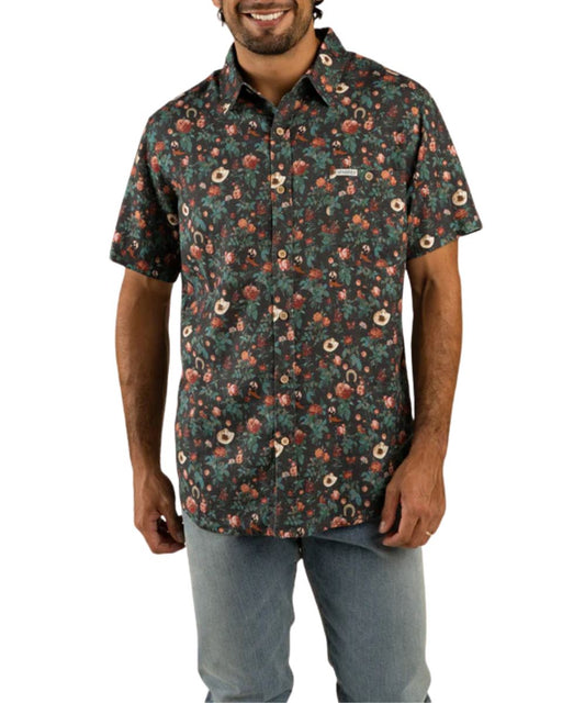 Front view of the men's charcoal short sleeve button down shirt featuring a desert rose print and single open chest pocket