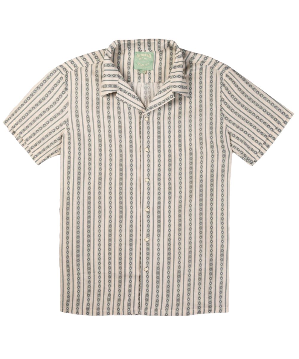 Front view of the men's short sleeve snap shirt featuring pearl snaps and serape striped print in teal