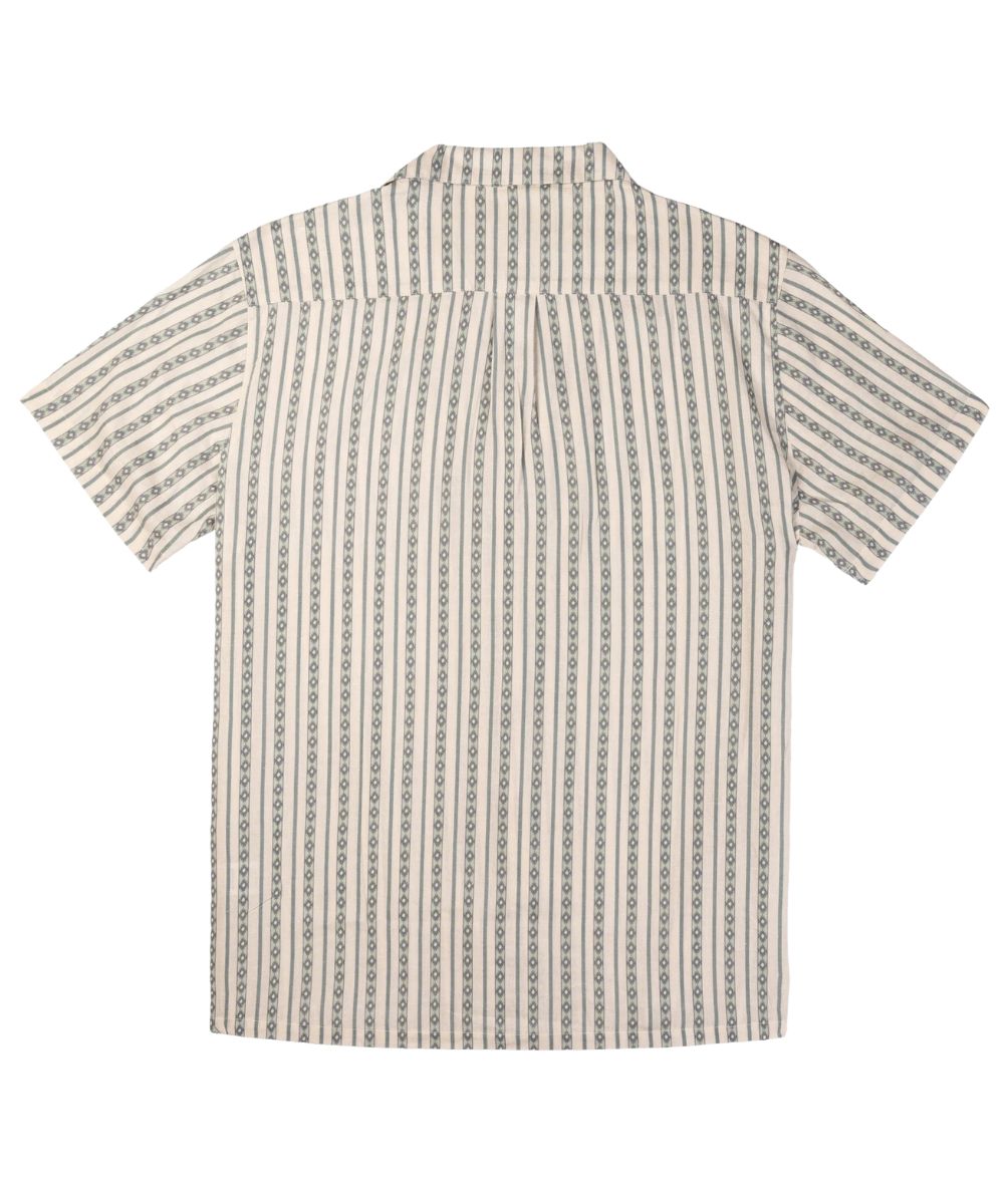 Back view of the men's short sleeve snap shirt featuring a straight back yoke with box pleat