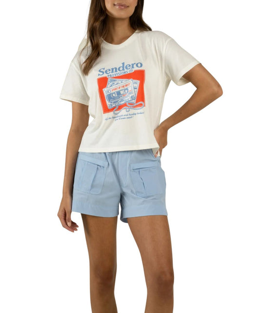 Front view of the women's vintage white boxy cropped tee featuring a cassette graphic on the front