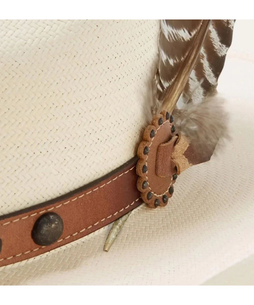 Close-up view of the brown leather studded hat band and hat feather
