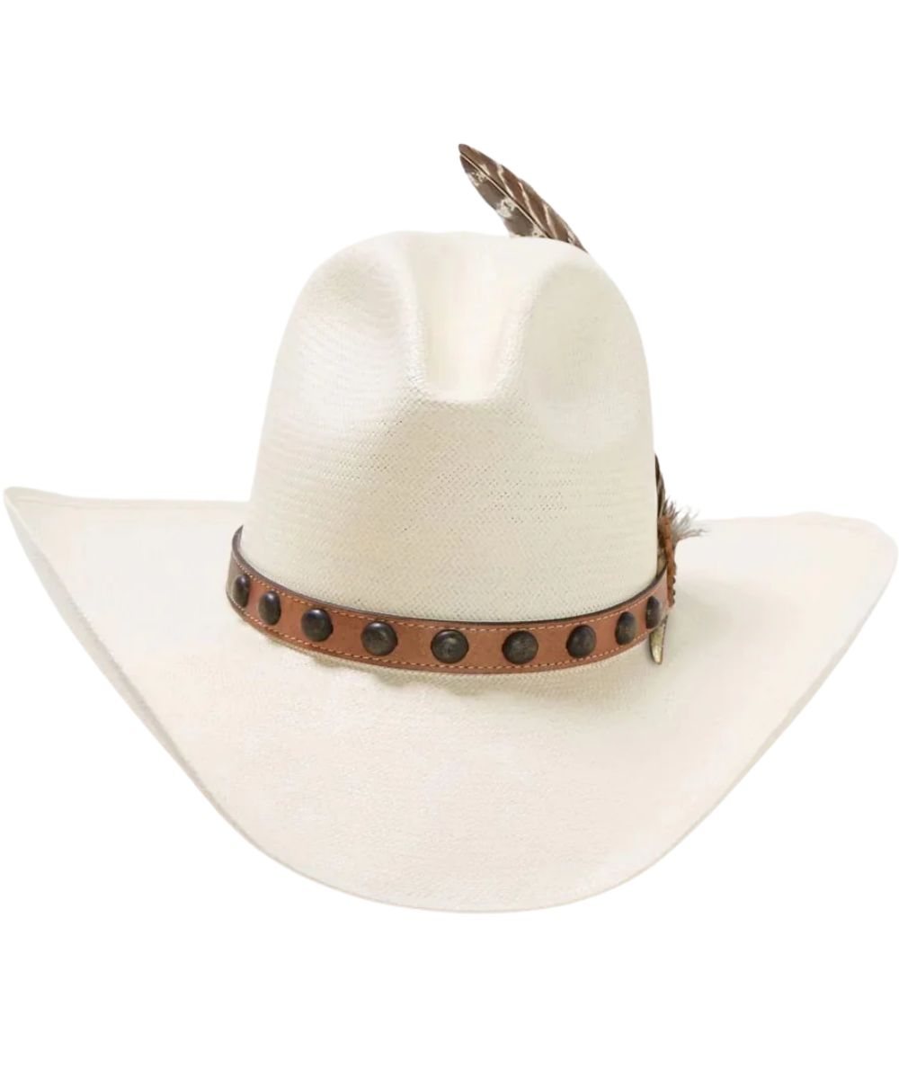 Front view of the straw cowboy hat featuring the studded leather hat band