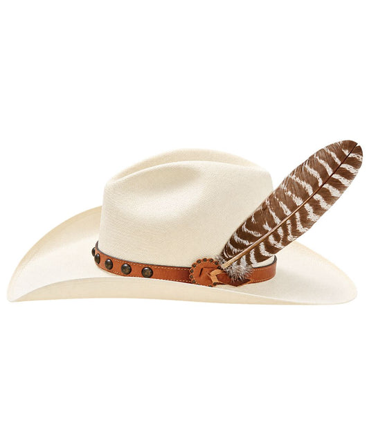 Left side view of the natural-colored shantung straw cowboy hat featuring the medium curved brim, r oval sloped crown, leather hat band, and a hat feather