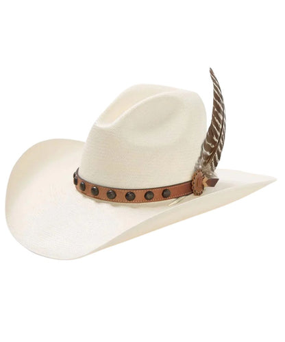 Left angled view of the Stetson Broken Bow 10X Shantung Straw Hat featuring the sloped crown, medium curved brim, and the leather hat band