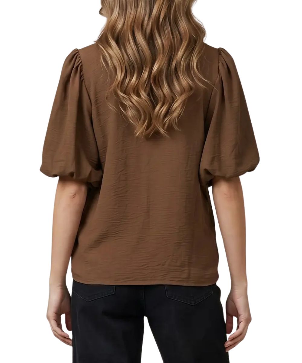 Back view of the women's brown puff sleeve blouse featuring the elbow-length sleeves