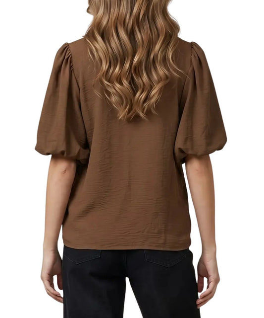 Back view of the women's brown puff sleeve blouse featuring the elbow-length sleeves