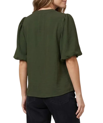 Back view of the women's olive green puff sleeve blouse featuring the elbow-length sleeves