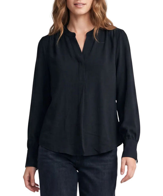 Front view of the women's black She + Sky long sleeve blouse featuring the split v-neckline, button cuffs, and subtle gathering at the shoulders and cuffs