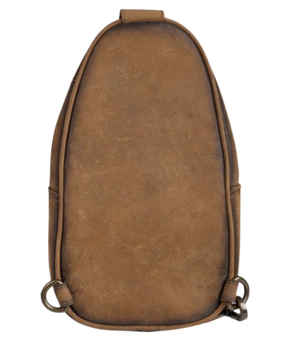 Back view of the women's brown leather sling bag featuring the rings on the back for universal wear