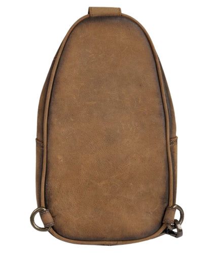 Back view of the women's brown leather sling bag featuring the rings on the back for universal wear