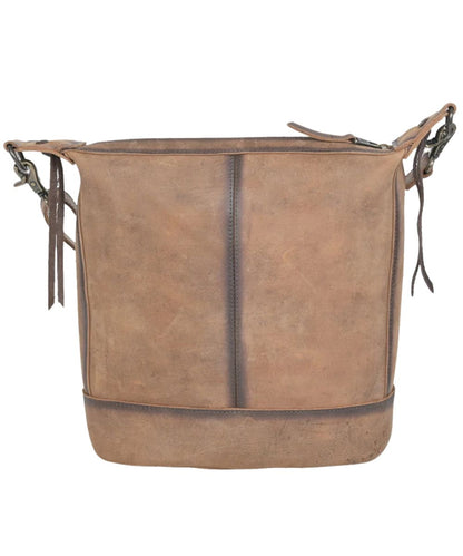 Back view of the women's mail bag featuring the solid brown leather back and an interior concealed carry pocket