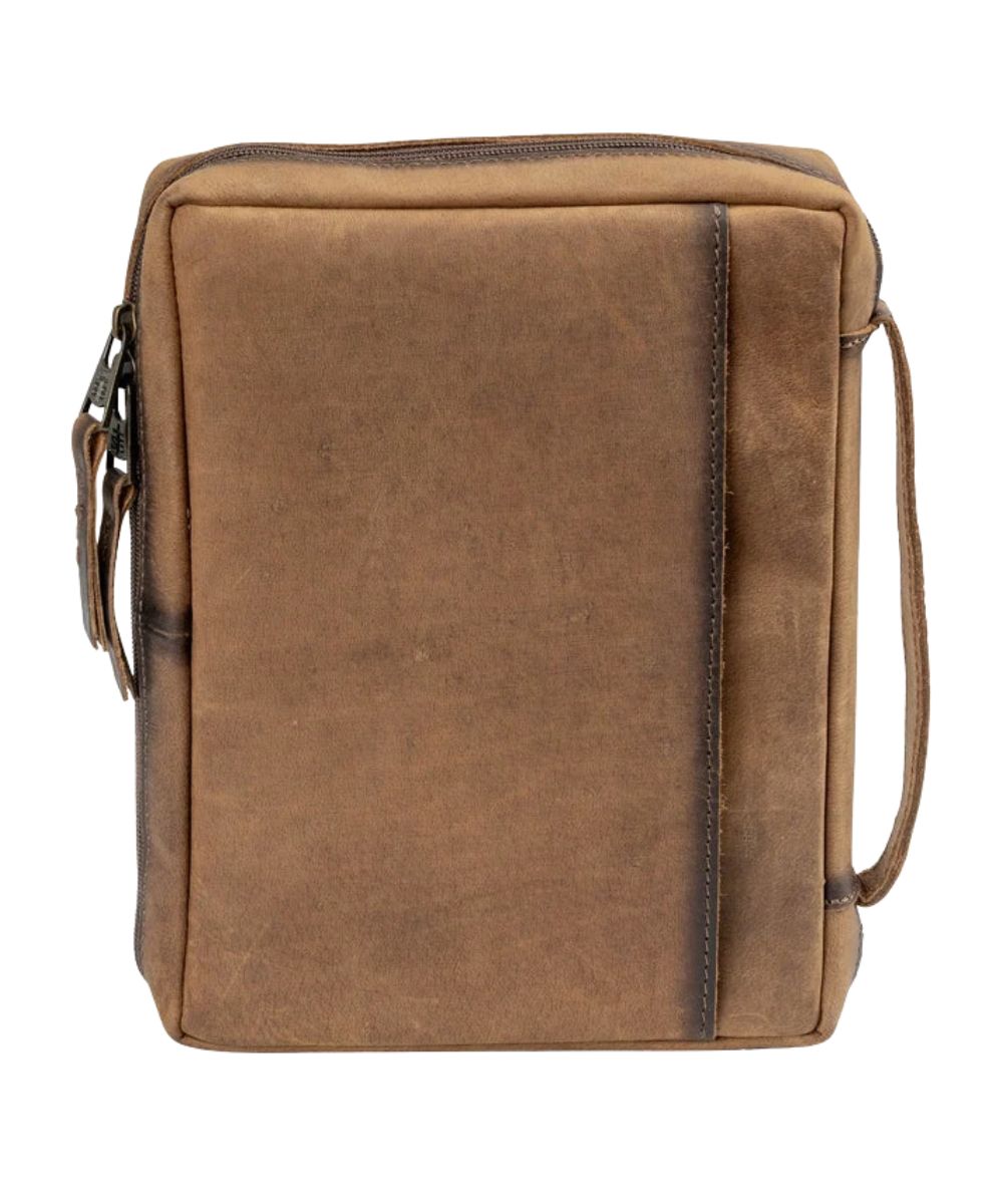 Back view of the brown leather bible cover