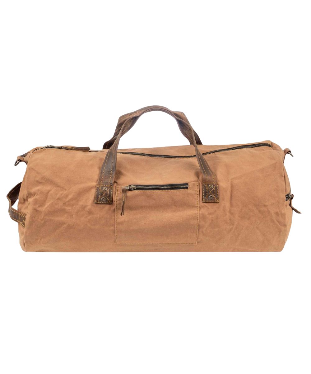Back view of the tan canvas duffle bag featuring the back exterior zip pocket and a side exterior zip pocket