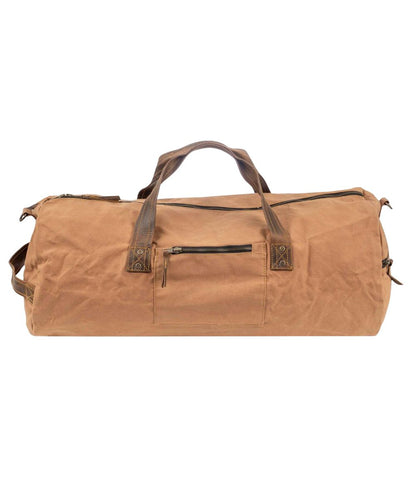 Back view of the tan canvas duffle bag featuring the back exterior zip pocket and a side exterior zip pocket