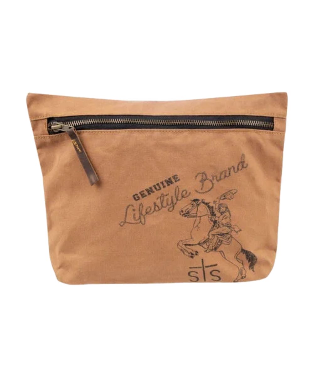 Front view of the men's tan STS Ranch Surplus Cosmetic Pouch featuring the assorted STS Ranchwear Print on the canvas fabric and the zipper closure