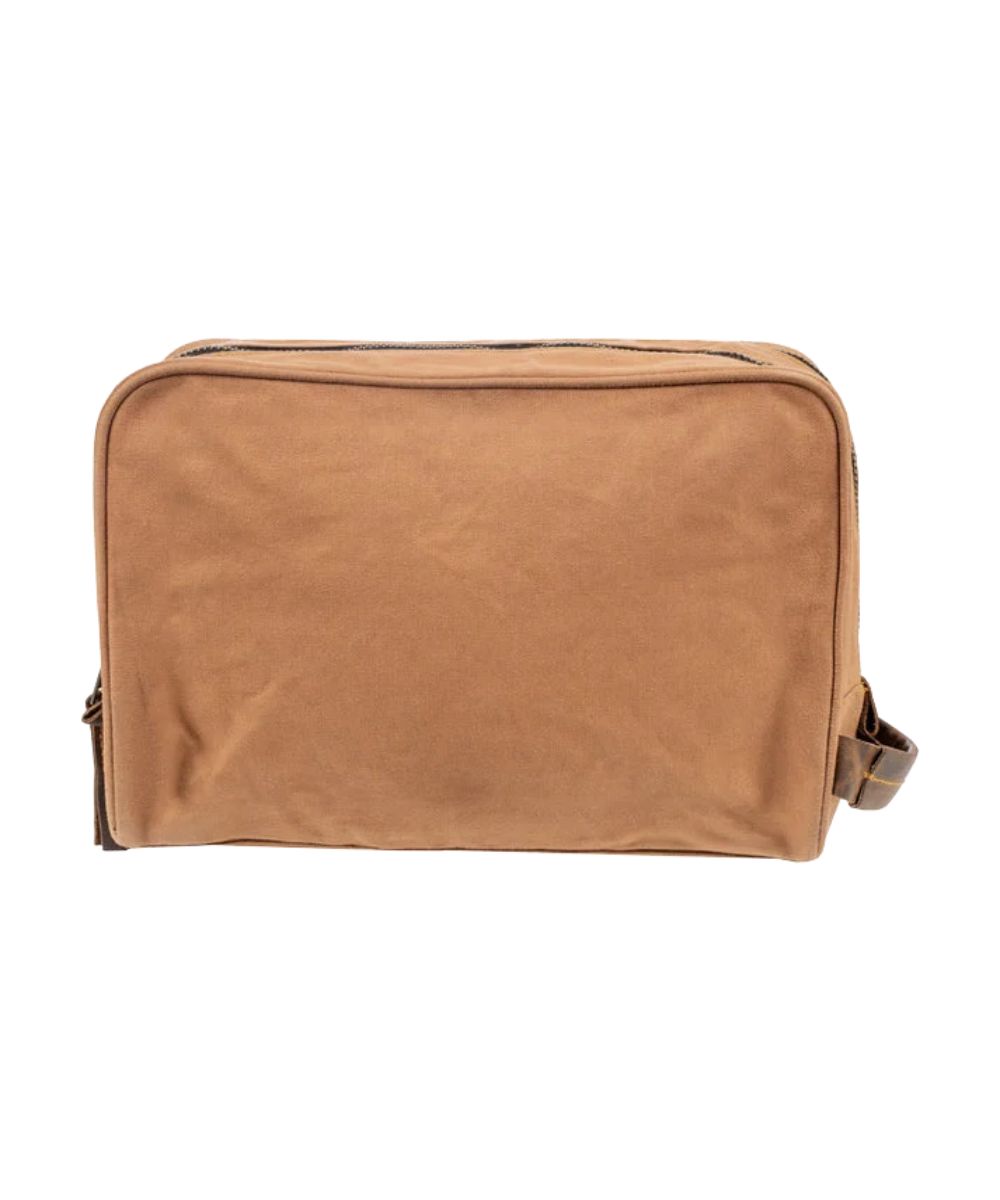 Back view of the men's shave kit featuring the plain tan canvas back side